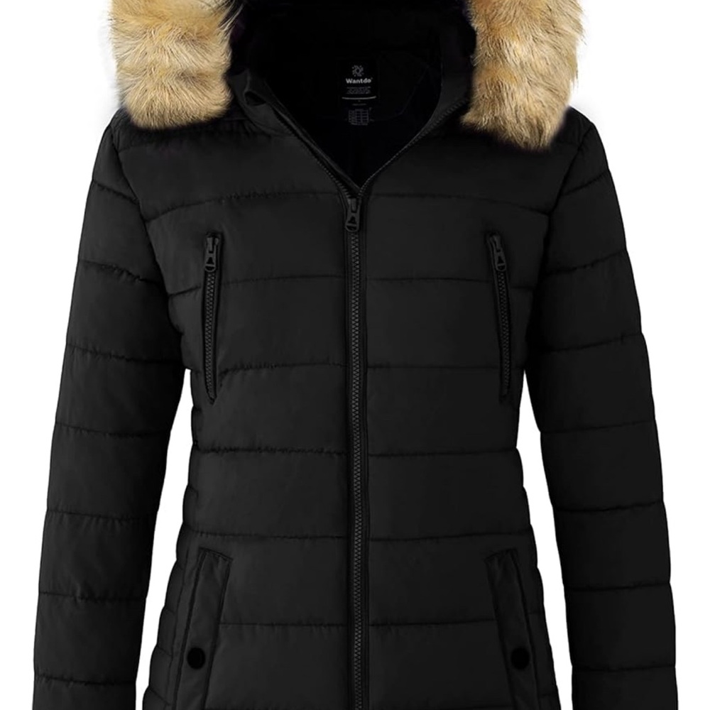 Women's Black Winter Puffer Jacket with Faux Fur Hood